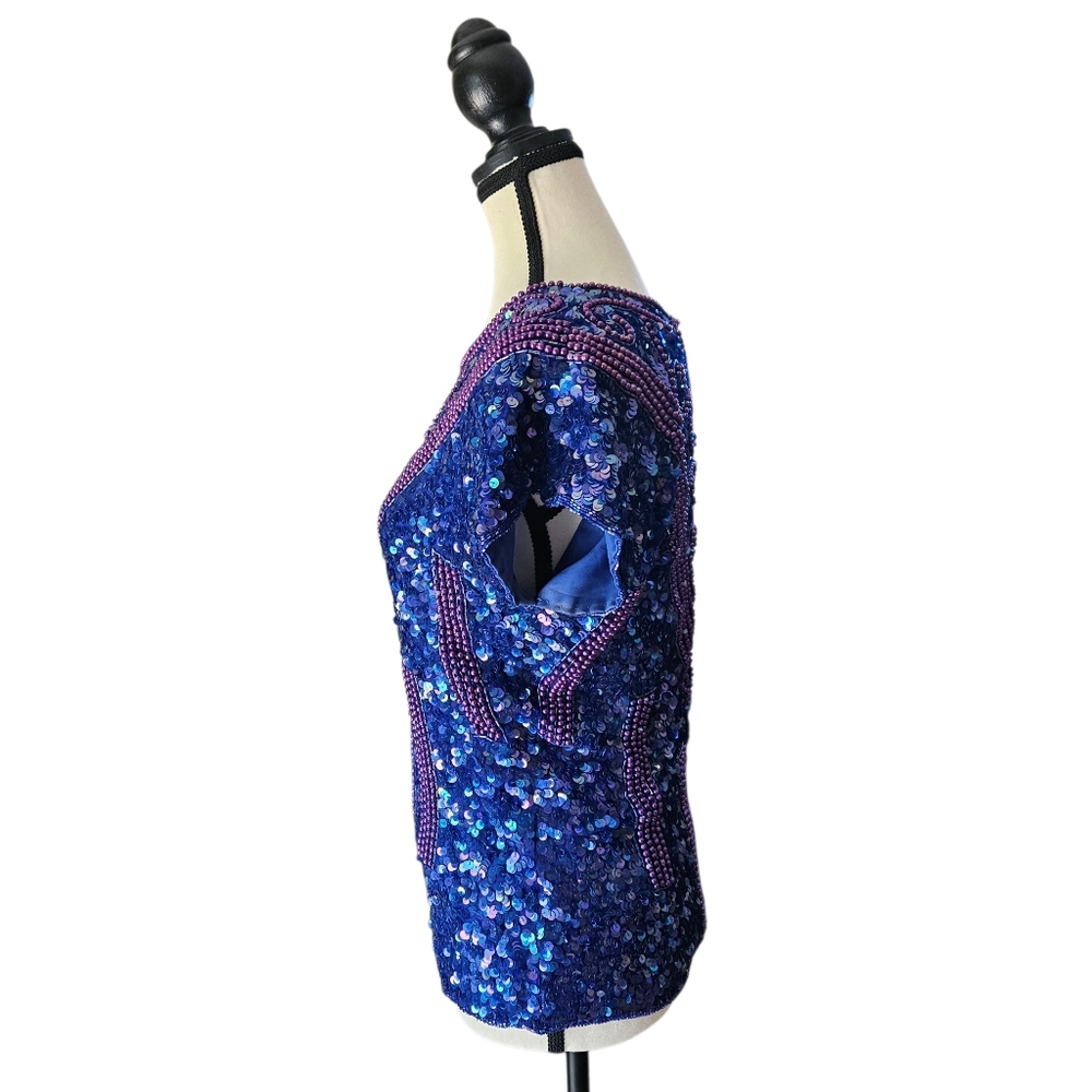 Vintage Silk Blue Beaded Sequin Top Petite XL - Picture 5 of 14